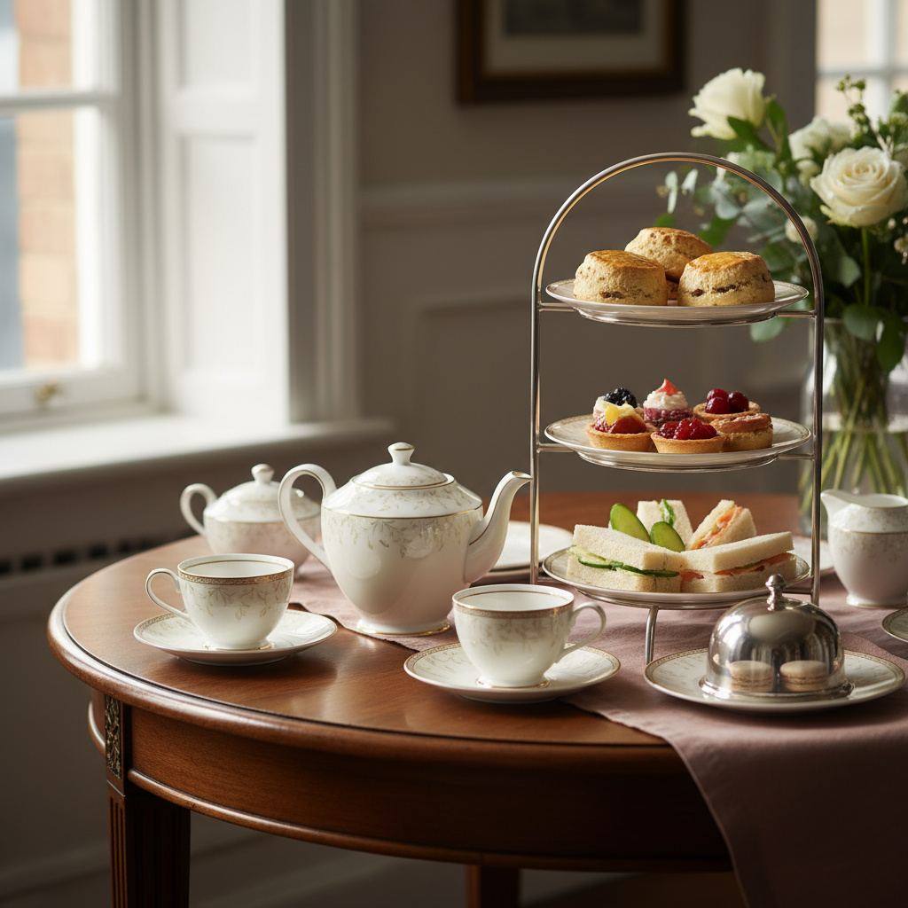 Servicio de afternoon tea con tetera, tazas y pastelería