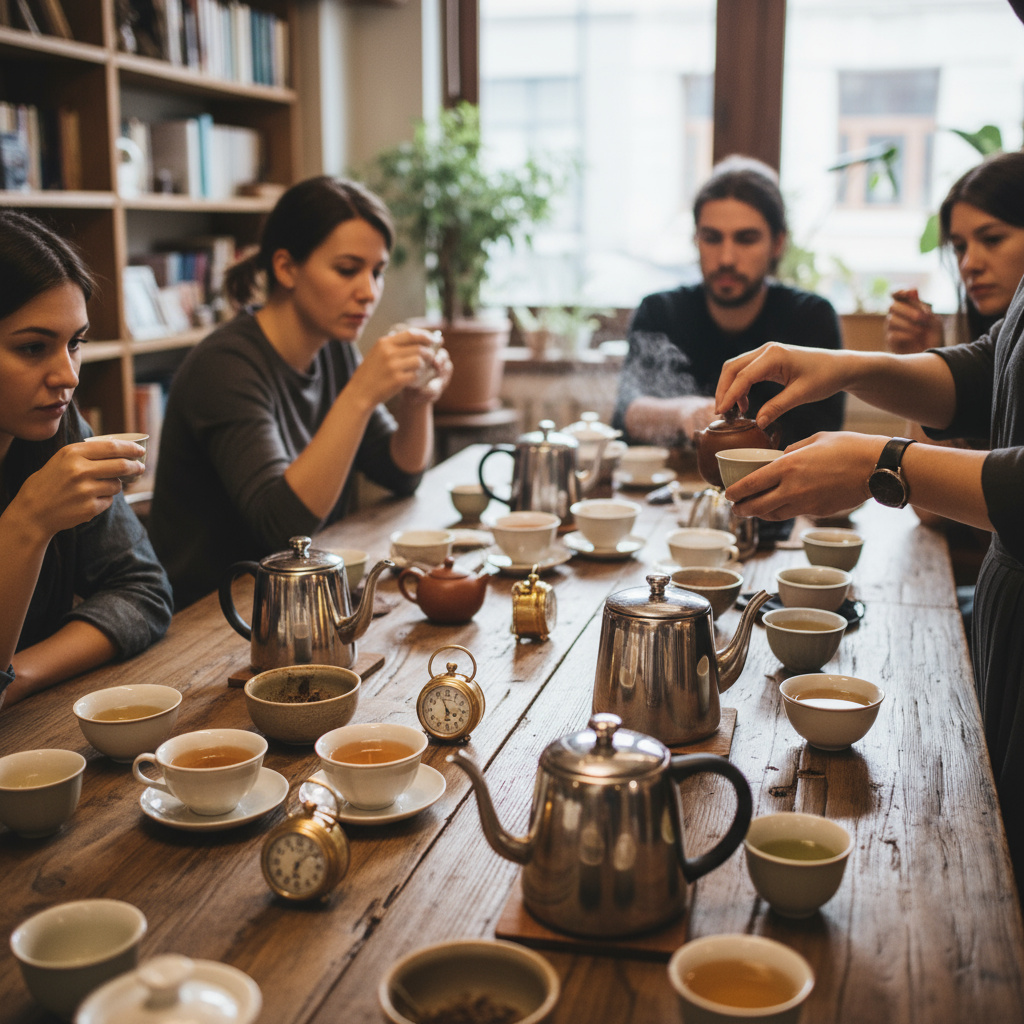 Sesión de taller de té con mesas preparadas y utensilios